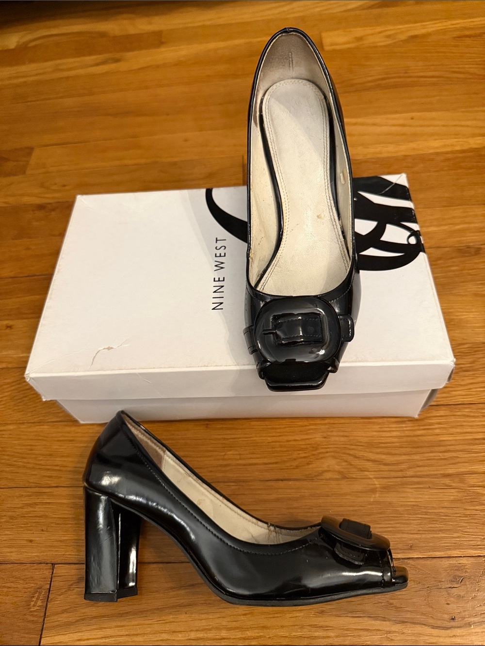 Nine West Black Patent Block Heel Pumps with Buckle Accent